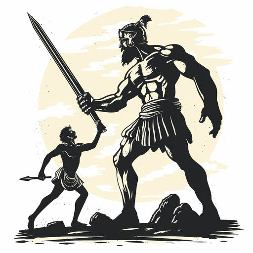 Flat tattoo sketch of David and Goliath, dynamic