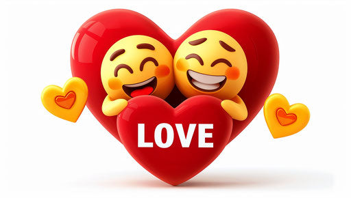 Two smiling emoji hugging on a red heart with text 'LOVE'