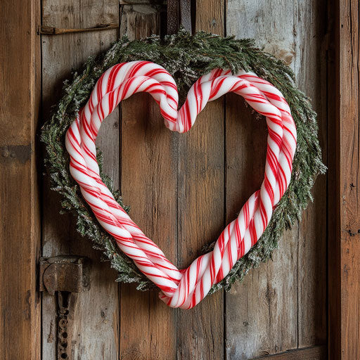 Heart-shaped candy cane wreath on a rustic wooden door