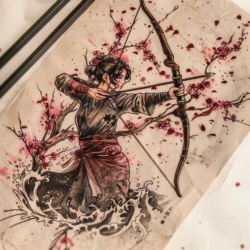 Japanese ukiyo-e style bow and arrow tattoo sketch, dynamic pose with waves and cherry blossoms