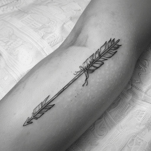 Vintage arrow tattoo, reminiscent of old-fashioned engravings, finely detailed on a white backdrop.
