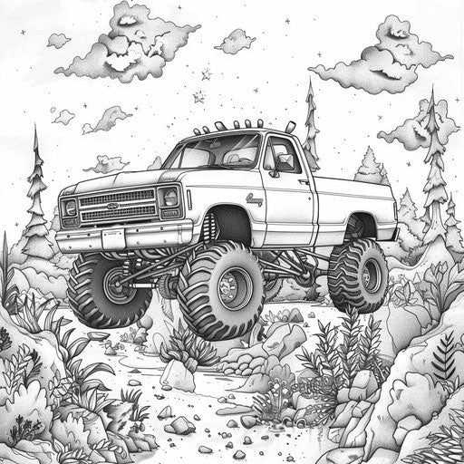 Enchanting monster truck in a magical landscape