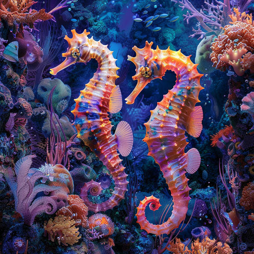 Seahorses surrounded by vibrant coral, colorful and vivid