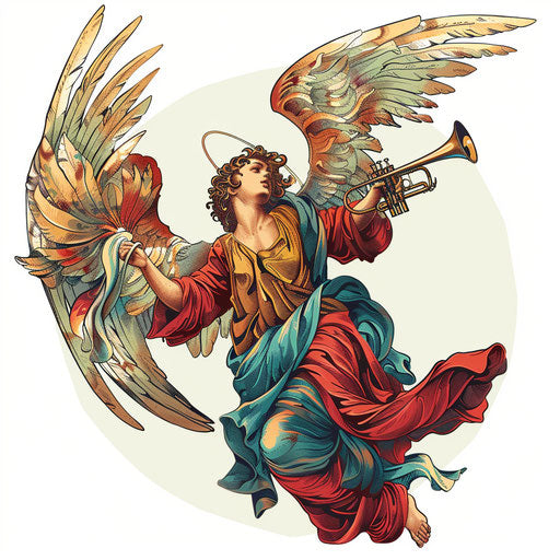 Angel Gabriel, wings spread and trumpet, soft and bold colors