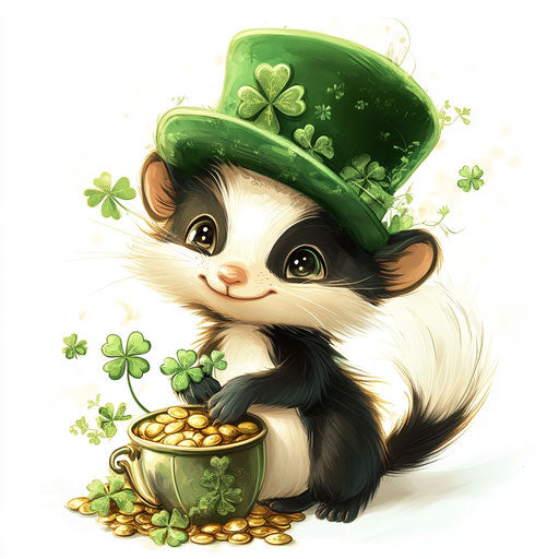 St. Patrick's Day, cute baby skunk in green hat, digital art