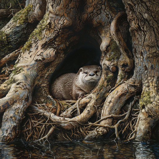 Secret lair of the otter in the roots of a riverside tree