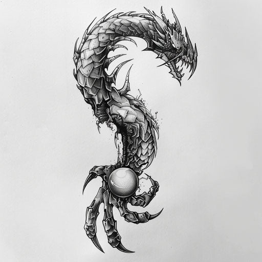 Bold tattoo sketch of a black pearl held by a detailed dragon claw