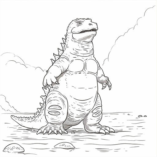 Cute Godzilla by the sea. Coloring book page