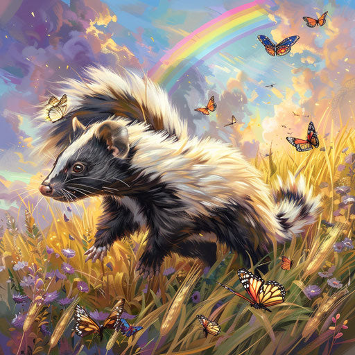 An Eastern spotted skunk playing with butterflies in a field of tall grass, with a rainbow in the sky.