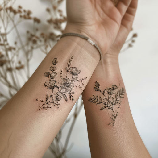 Matching sister tattoos of delicate flowers, Merian style, wrist
