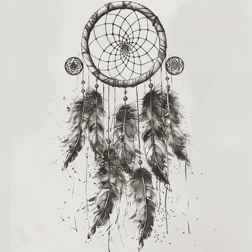 Dream catcher in engraved line-work, feathers, crosshatching