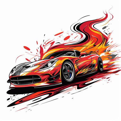 Dynamic clipart style flat tattoo sketch of a sports car with flames and vibrant reds and oranges