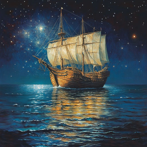 The Mayflower ship in a moonlit ocean