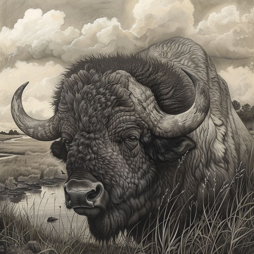 Buffalo in a serene landscape with detailed fur