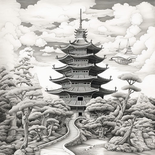 Black and white pagoda drawing, detailed manga style, massurrealism