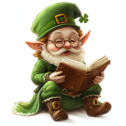 Adorable leprechaun reading, clipart on white background, in the style of Thomas Kinkade and Lilia Alvarado