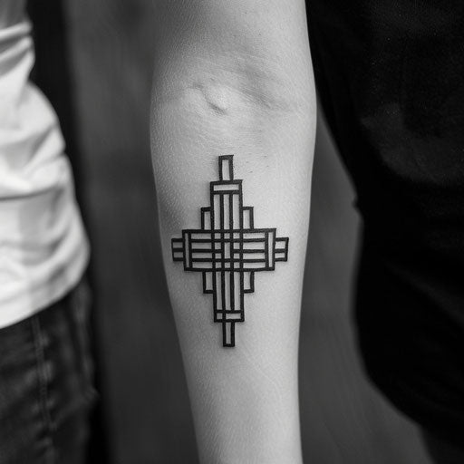 Minimalist cross tattoo with bold geometric lines