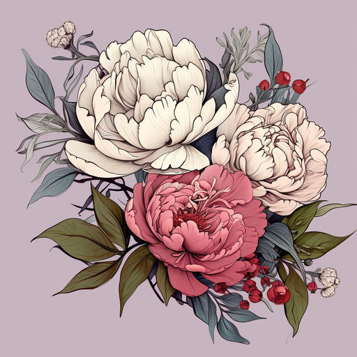 Biological illustration and hand drawn peony with leaves, ivy and leaves isolated, in the style of strong linear elements, organic material