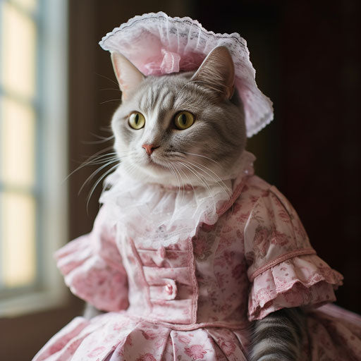 American shorthair cat in woman's clothing