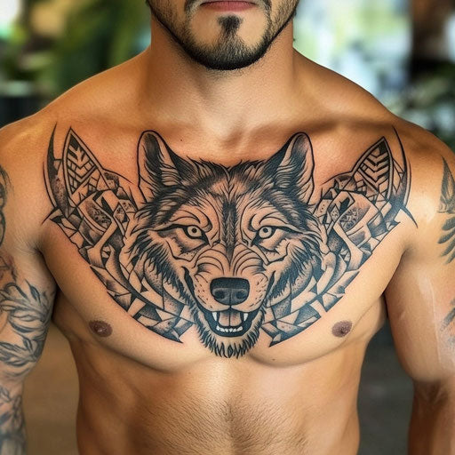 Tribal tattoos for men with wolf's head surrounded by tribal designs on chest in Ed Hardy style