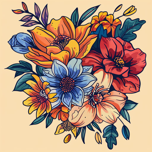 Retro psychedelic flower bouquet in 1960s clipart style