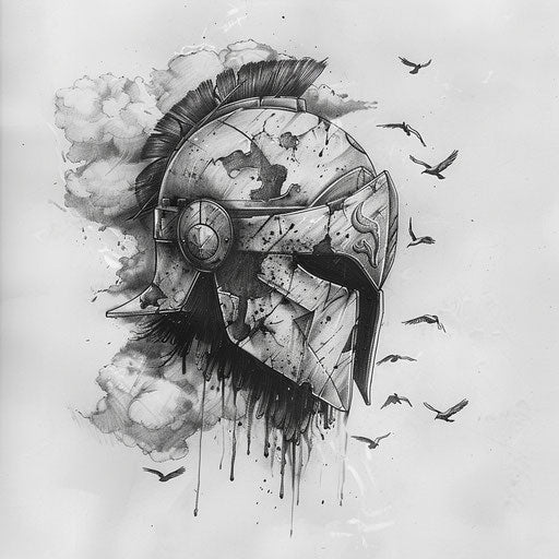 Dreamy sketch of spartan helmet with floating clouds and birds