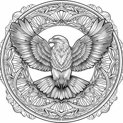 Mandala with an eagle in the center, surrounded by intricate patterns