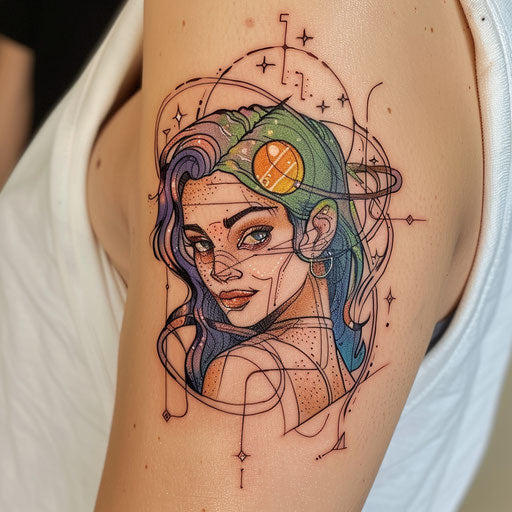 Modern flat tattoo sketch of Artemis with digital neon outlines and stars