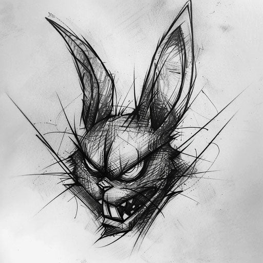Bold flat tattoo sketch of a fierce black rabbit