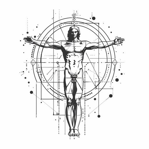 Minimalist sketch of the Vitruvian Man with geometric patterns