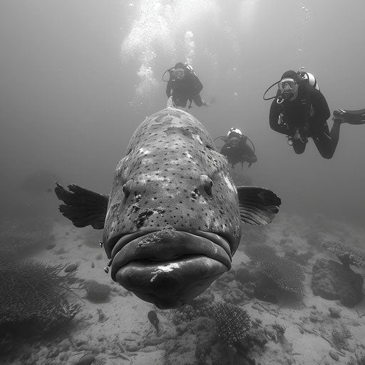 Encounter of a Warsaw grouper with scuba divers, moment of human and marine life interaction