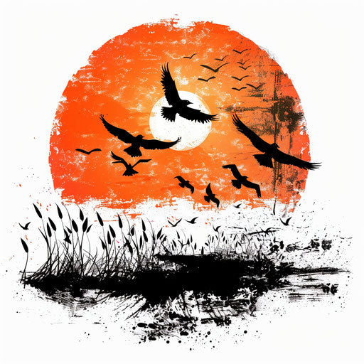 Birds flying at sunset, clipart style