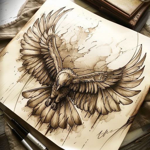 Sketch of detailed eagle wings tattoo in vintage style and sepia tones