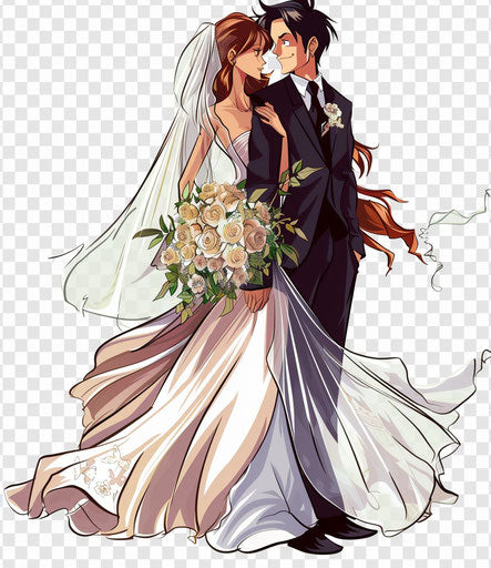 Bride and groom with bouquet of flowers, caricature style