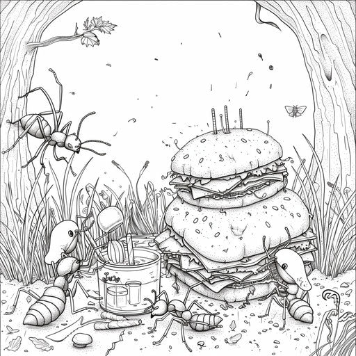 Ants having a picnic with sandwiches and drinks