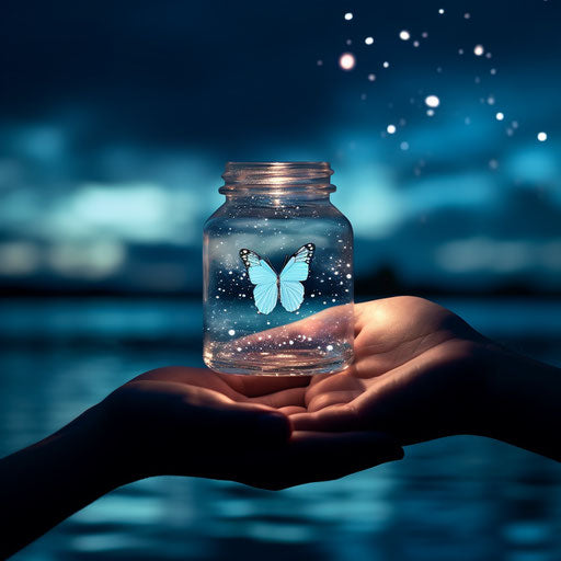 Blue butterfly in glass jar
