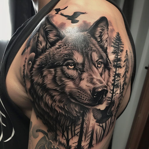 Realistic shoulder tattoos for men with animals and wildlife in black and gray