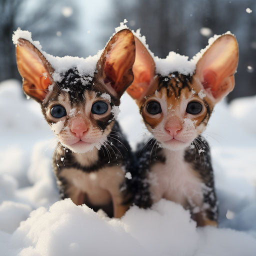Cornish Rex kitten playing in the snow