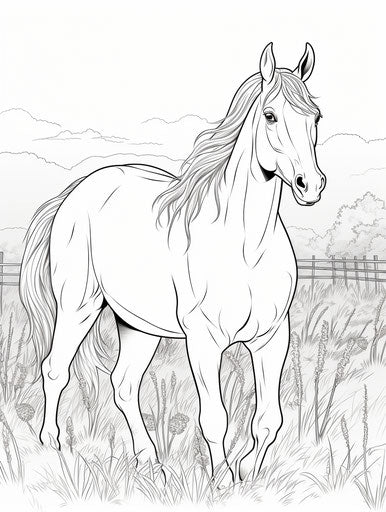 Horse in the field to color for free, lifelike style