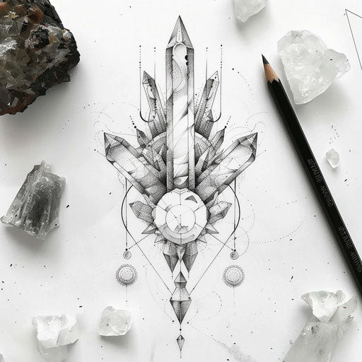 Flat tattoo sketch of a balanced crystal structure in soft gray and white tones inspired by Zen