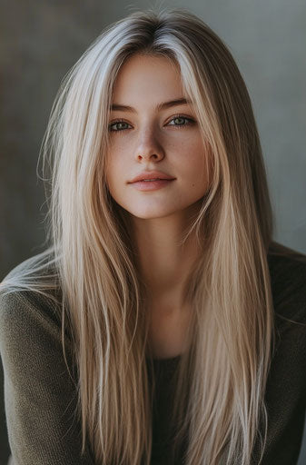 Blonde long hair, straight and voluminous with layers, natural color. 29:44