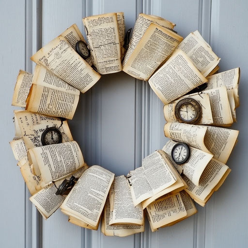 Wreath made from old book pages and vintage watch faces