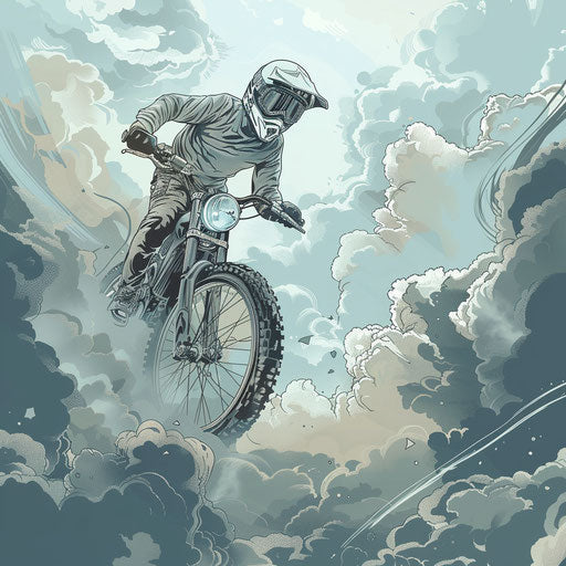 Biker rising into clouds with a flat tattoo sketch style
