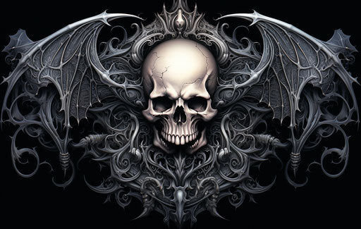 Skull with gothic wings and bats, ornate design style