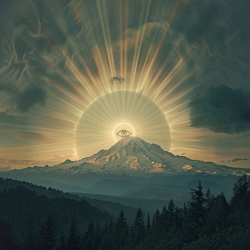 Eye of Horus above Rainier peak, sunlight rays in the sky
