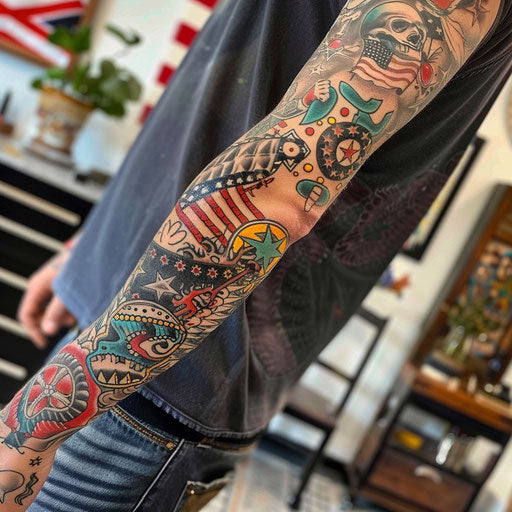 Sleeve tattoo of traditional American symbols