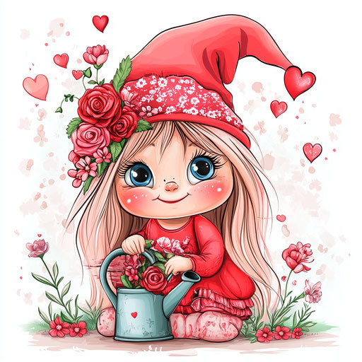 Pink gnome girl with watering can full of flowers