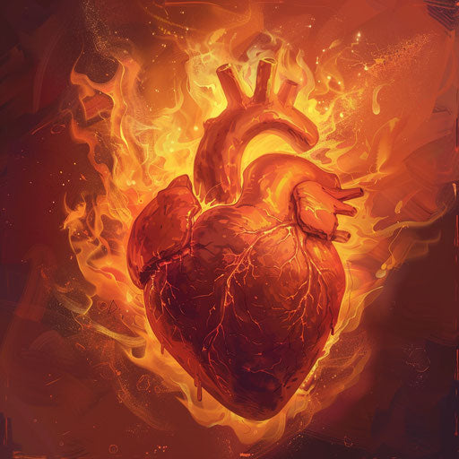 A heart ablaze in a emotionally complex cartoon style