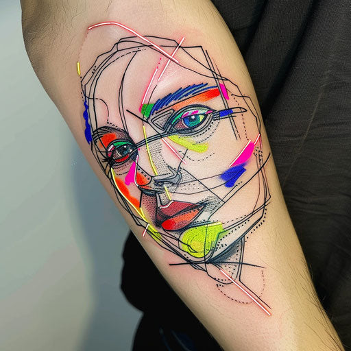 Modern flat tattoo sketch of a neon abstract face with multicolored light streaks