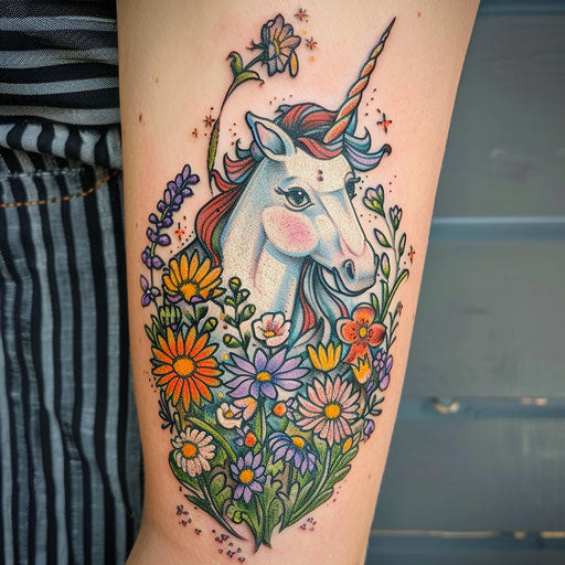 Wildflower tattoo with unicorn, bright colors, mythical theme, detailed design